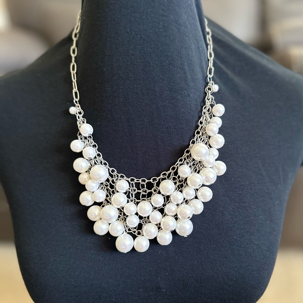 Faux Pearl Bib Style Statement Necklace